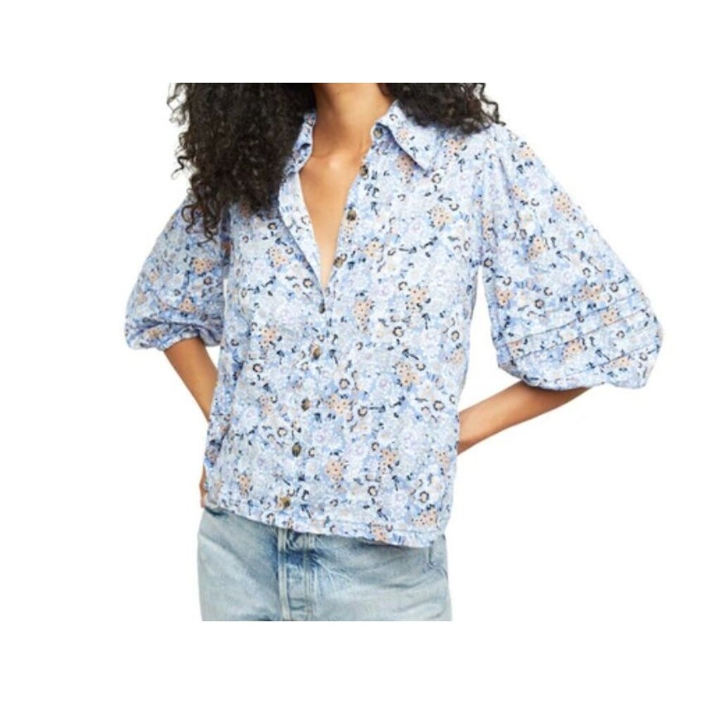 Free People Womens Happy Days Floral Blouse Size XS Blue Balloon Sleeve Cotton